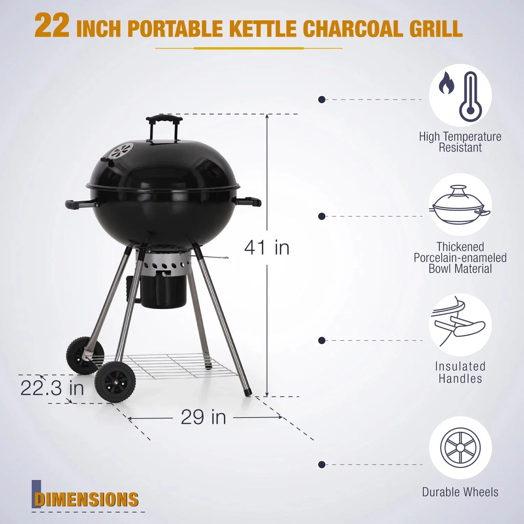 22" Portable Charcoal BBQ Grill, Black J37529