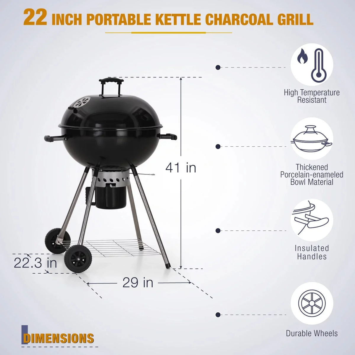22" Portable Charcoal BBQ Grill, Black J37529