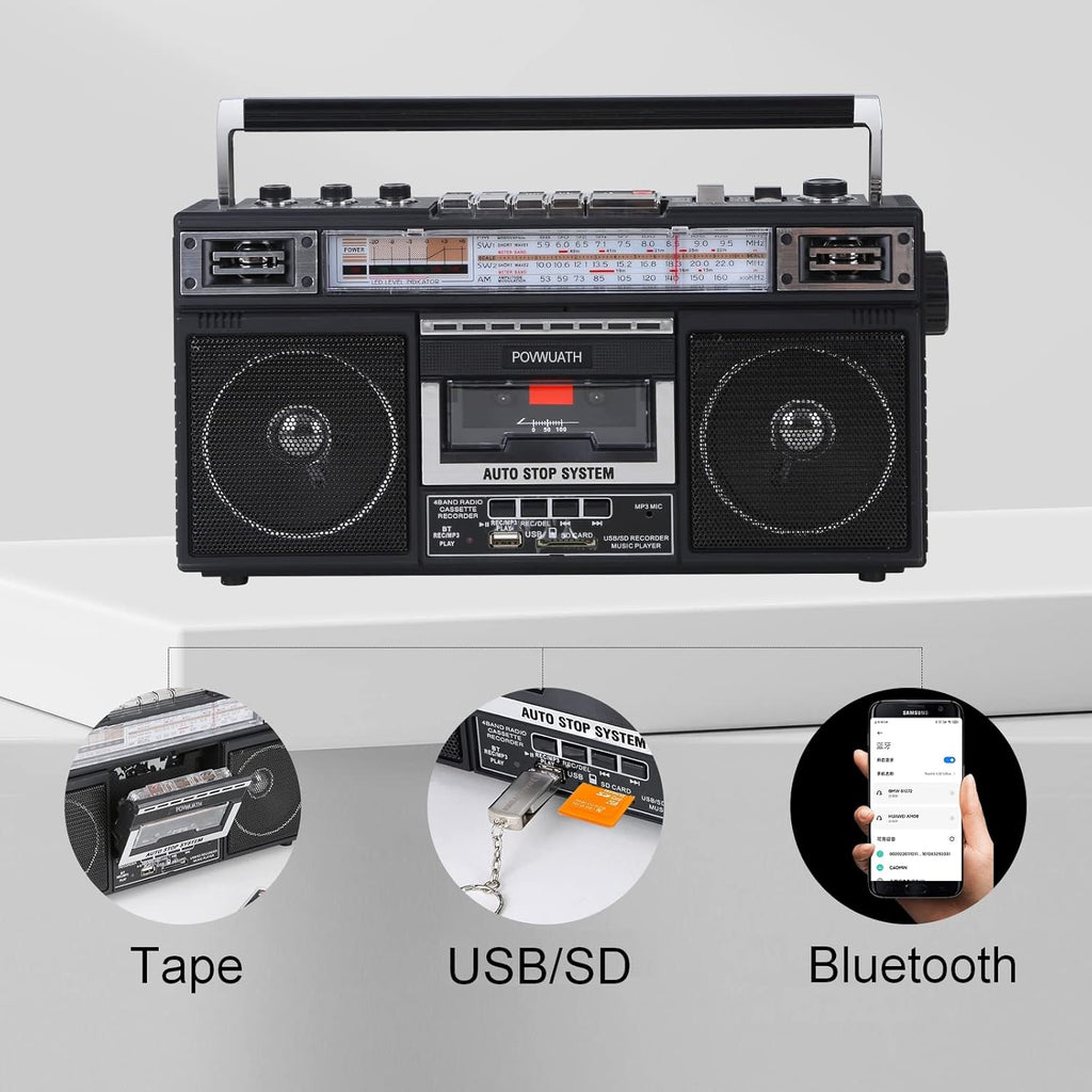 Portable Cassette Player Boombox AM/FM Radio Tape Player Recorder with Bluetooth Microphone B456
