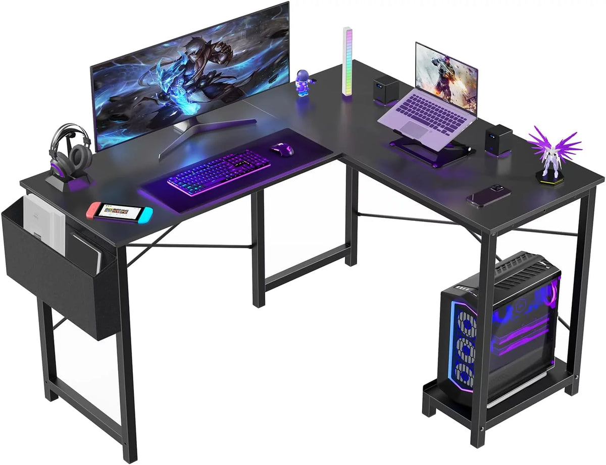 Black L Shaped Computer Desk with Wooden Desktop CPU Stand Side Bag N589313