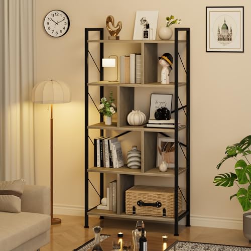 5 Tier Rustic Brown Bookshelf with Metal Frame G165293