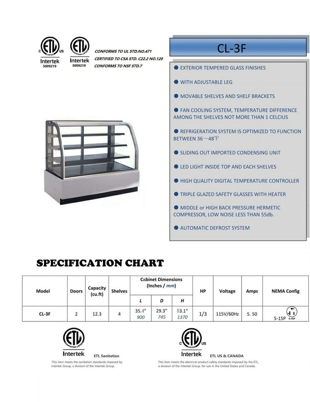 12.3 Cu Ft 36 ins Commercial Refrigerated Bakery Display Cooler Case with Curve Glass M1953