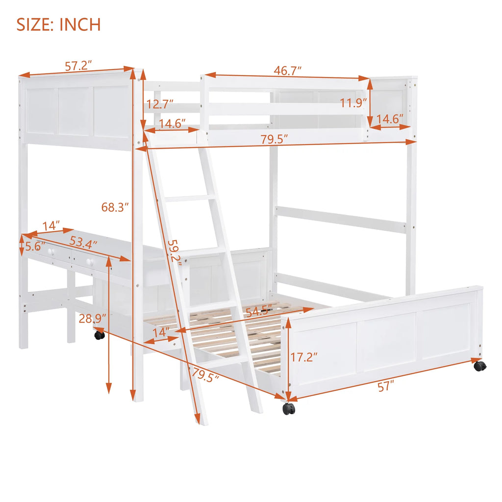 Full Over Full Bunk Bed with Desk, White F860913