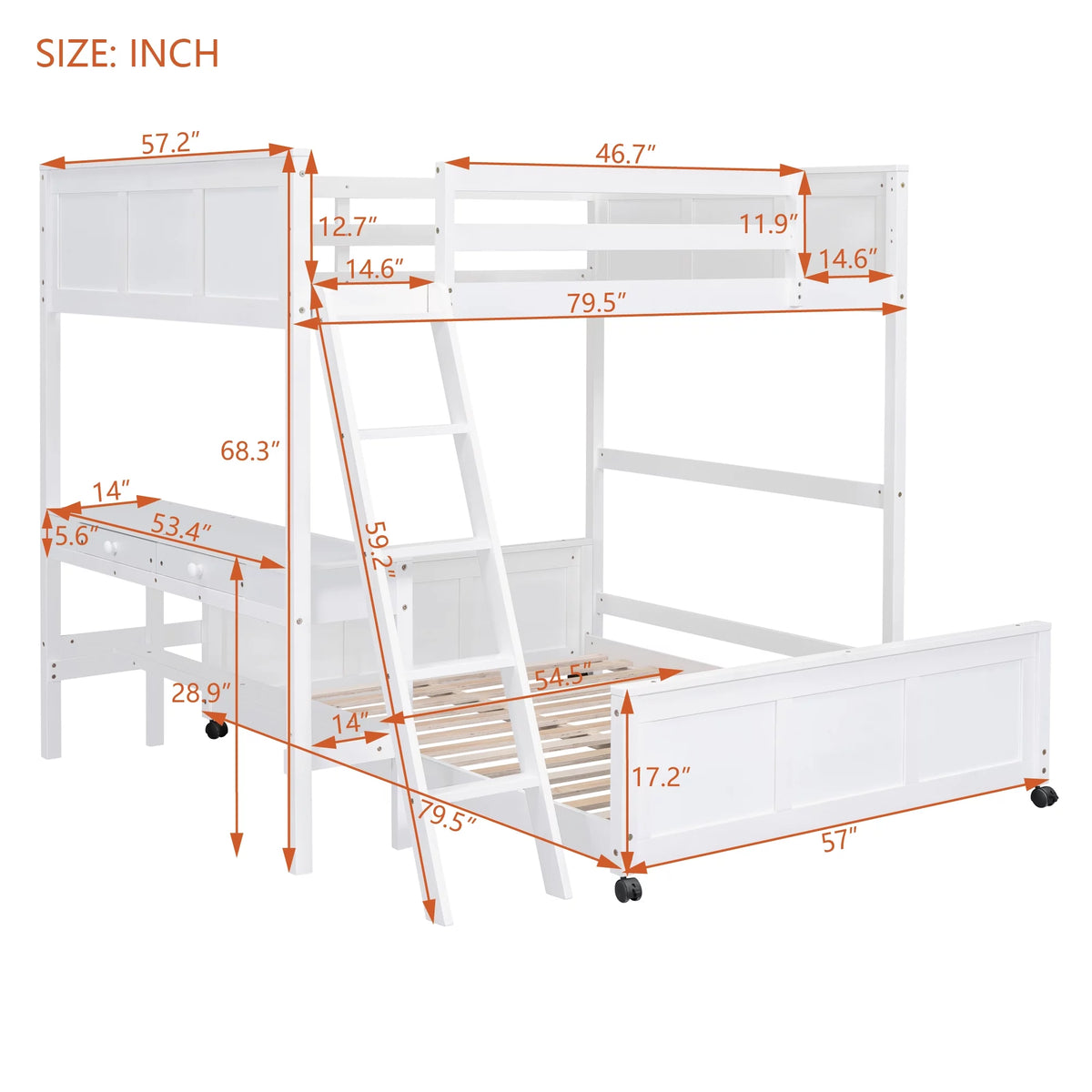 Full Over Full Bunk Bed with Desk, White F860913
