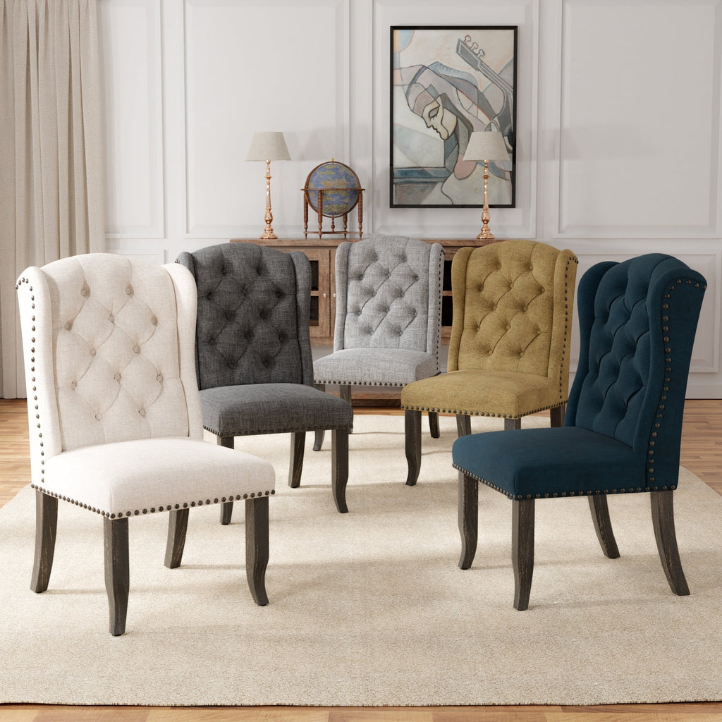 Beige Tufted Linen Wingback Dining Chairs Set of 2 A6753