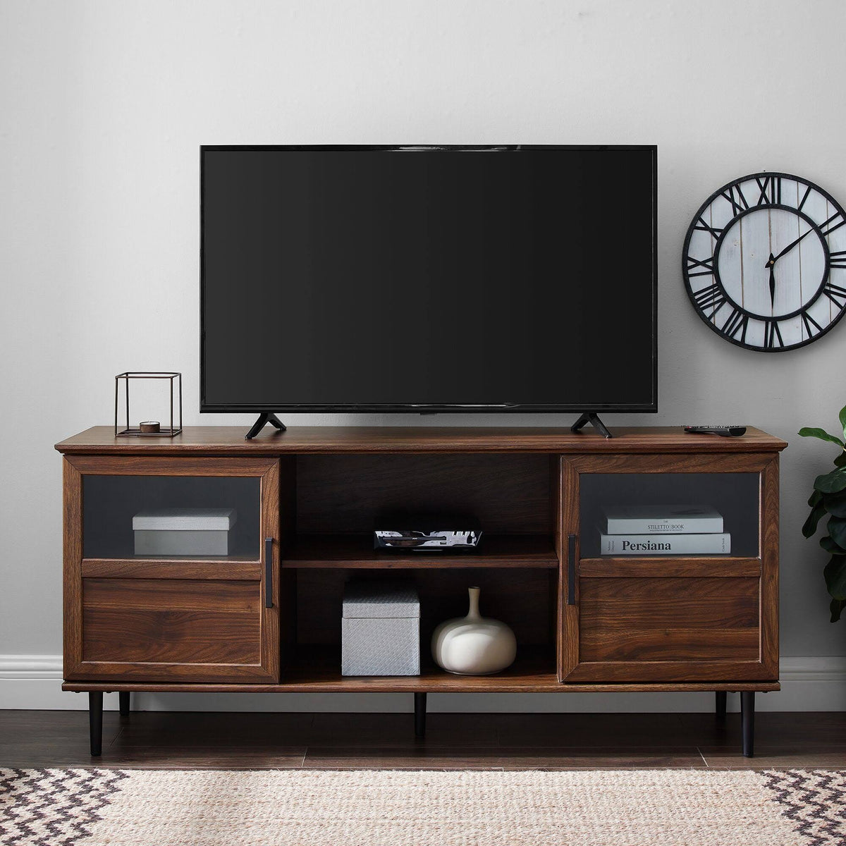 Dark Walnut Glass Wood TV Console J392968