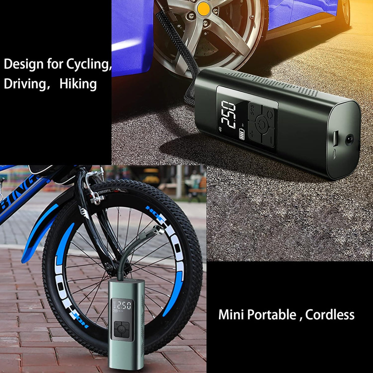 Cordless Tire Inflator Portable Air Compressor 12 Volt Rechargeable 6000mA 140PSI with Pressure Gauge Auto-Off Pack of 2 M100