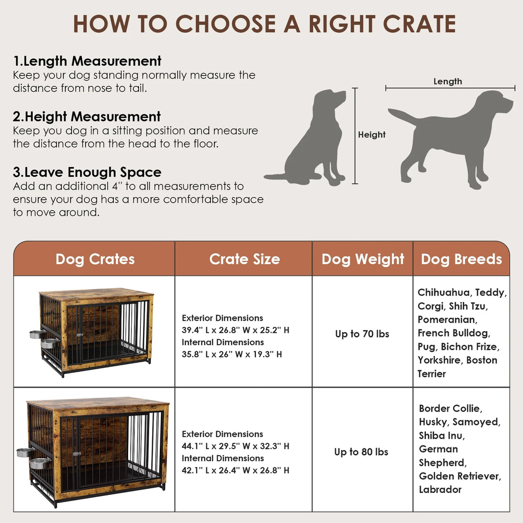 44.1'' Wooden Dog Crate with 2 Stainless Steel Bowls R679