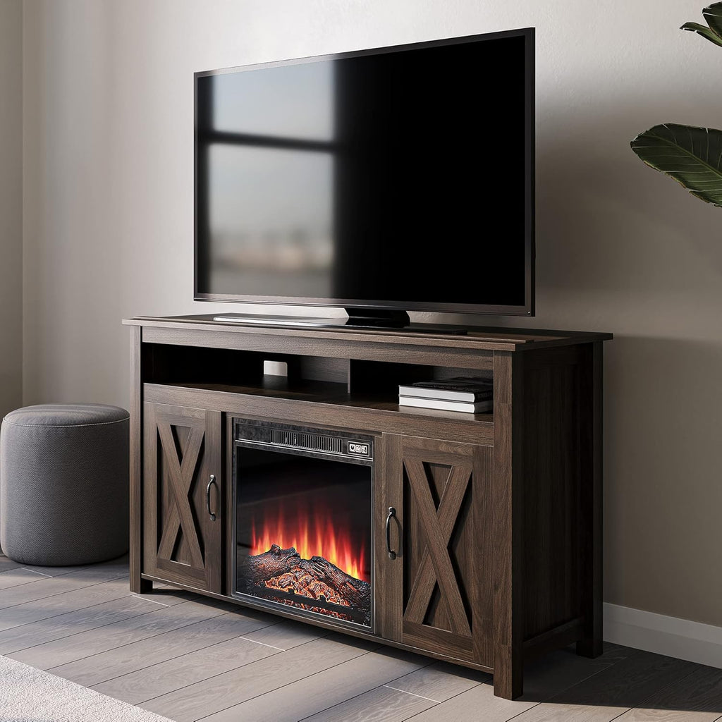 Gray Wash Barn Door Wood Electric Fireplace TV Stand W65645