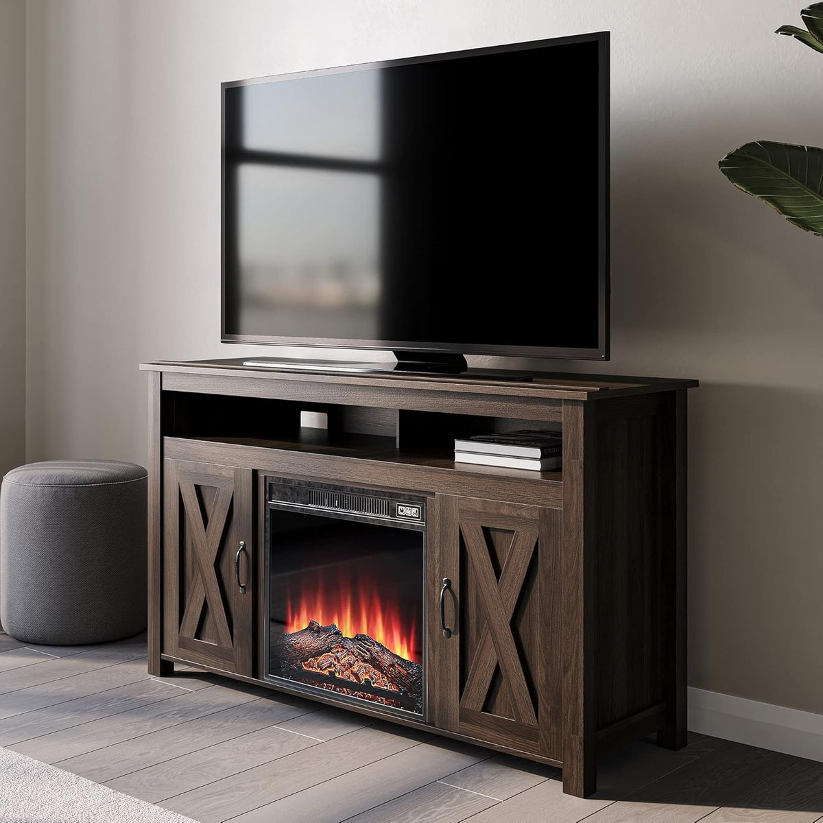 Gray Wash Barn Door Wood Electric Fireplace TV Stand W65645