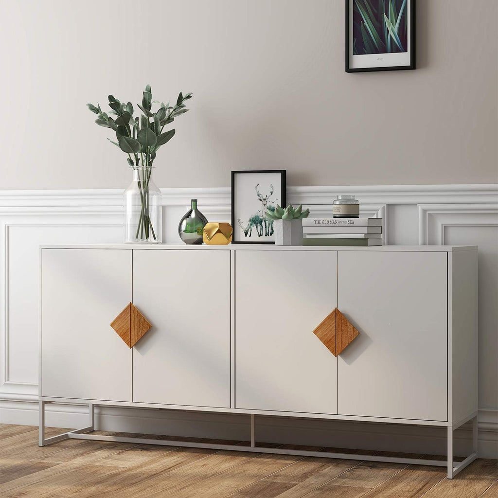 White 2 Door Sideboard with Solid Wood Handles and Metal Legs C158