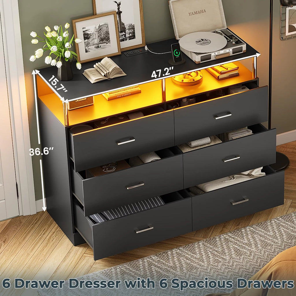 Black 6 Drawer Dresser with Charging Station N21034