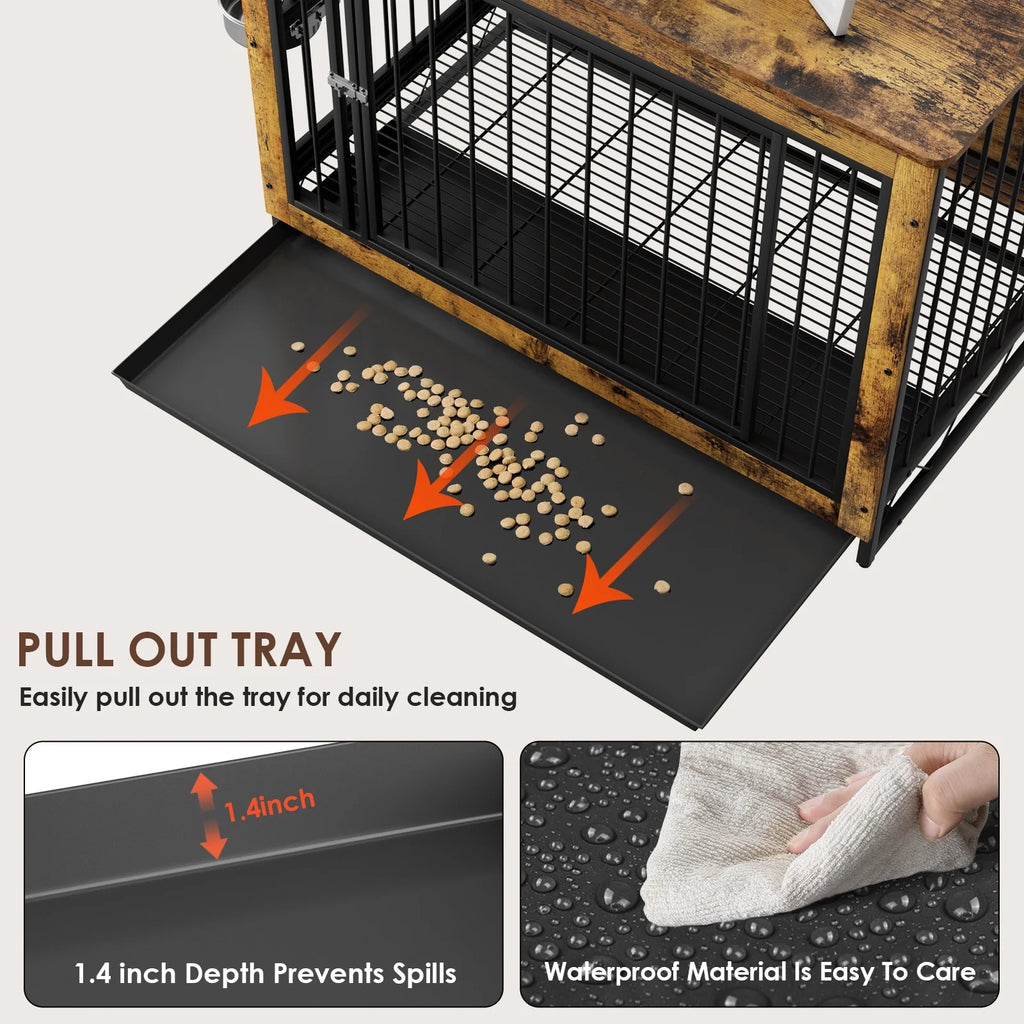 44.1'' Wooden Dog Crate with 2 Stainless Steel Bowls R679