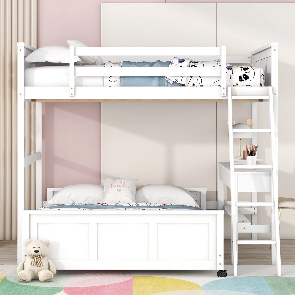 Full Over Full Bunk Bed with Desk, White F860913
