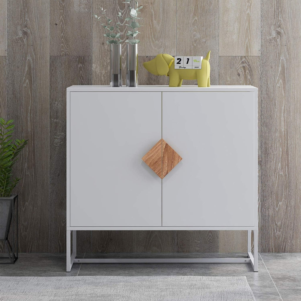 White 2 Door Sideboard with Solid Wood Handles and Metal Legs C158