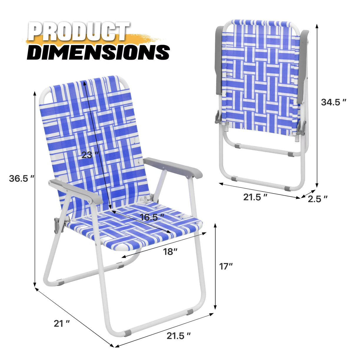 Folding Webbed Beach Chairs Set of 2 with Armrests, Blue P815549