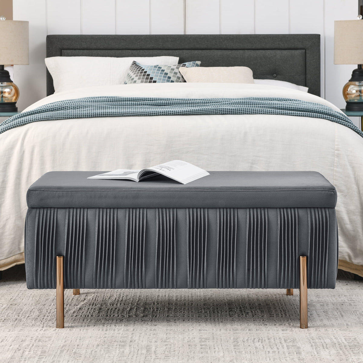 Grey Velvet Storage Bench T70299