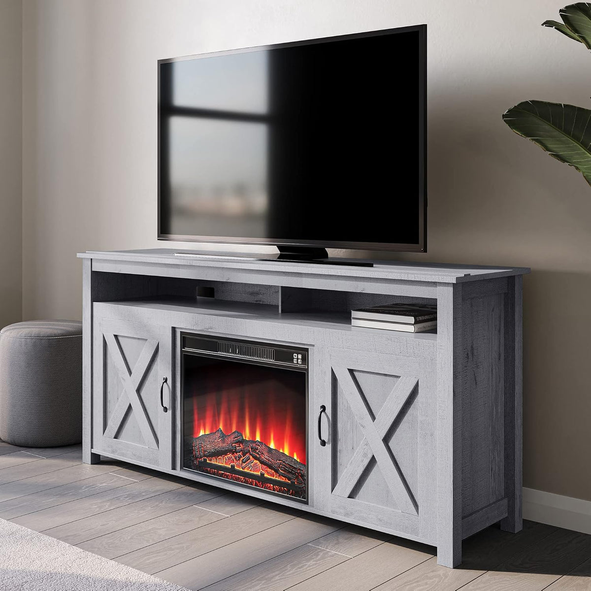 Gray Wash Barn Door Wood Electric Fireplace TV Stand W65645