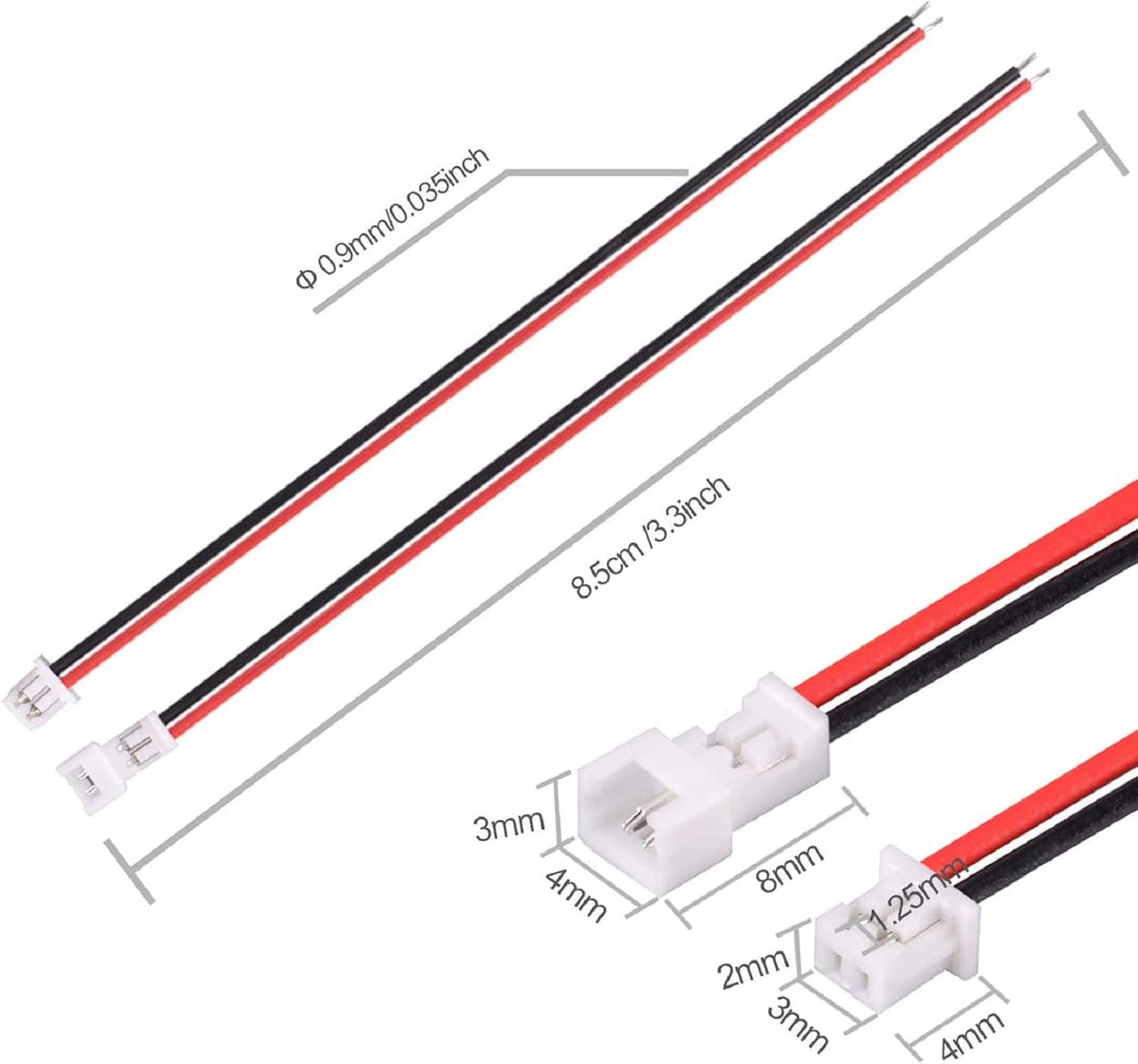 30 Pairs JST 1.25mm 2 Pin Micro Male Female Connector Plug with Red Black Wire Cable 80mm M38820