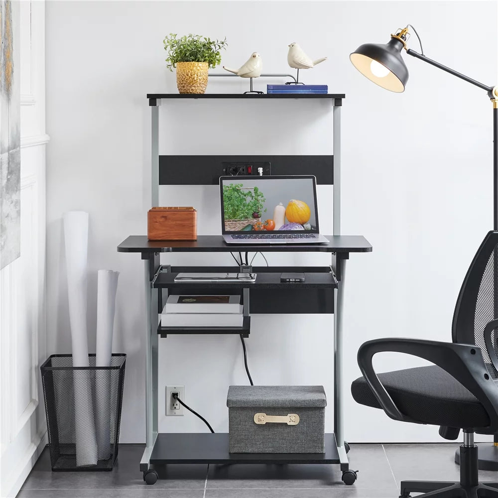 Black 3 Tiers Computer Desk with Charging Station D926