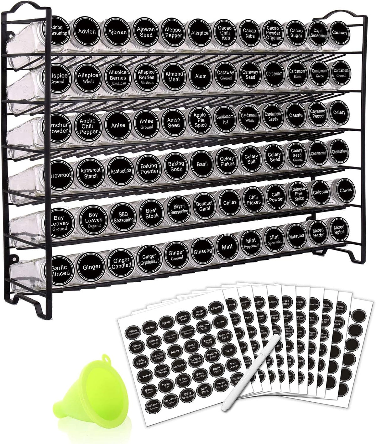 72 Empty Square Spice Jars Spice Rack Organizer with Labels and Funnel L48097