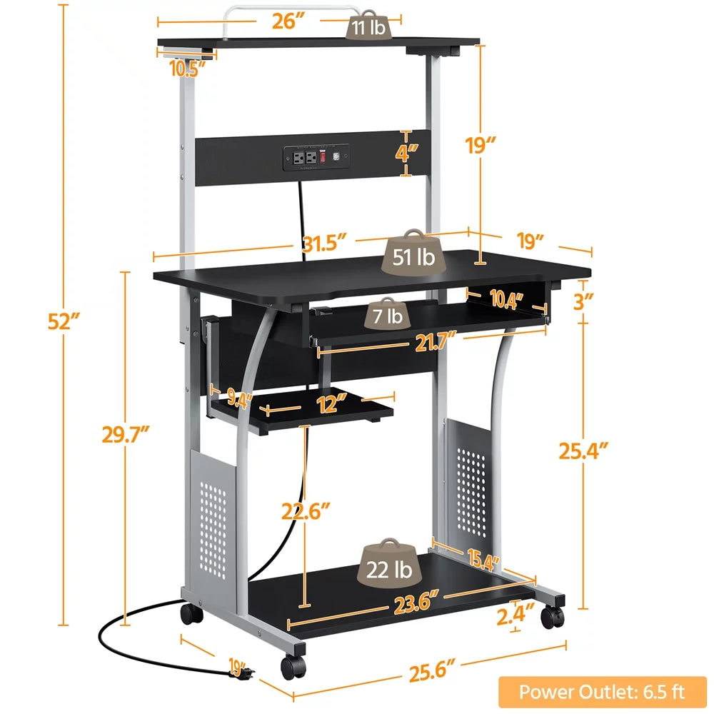 Black 3 Tiers Computer Desk with Charging Station D926