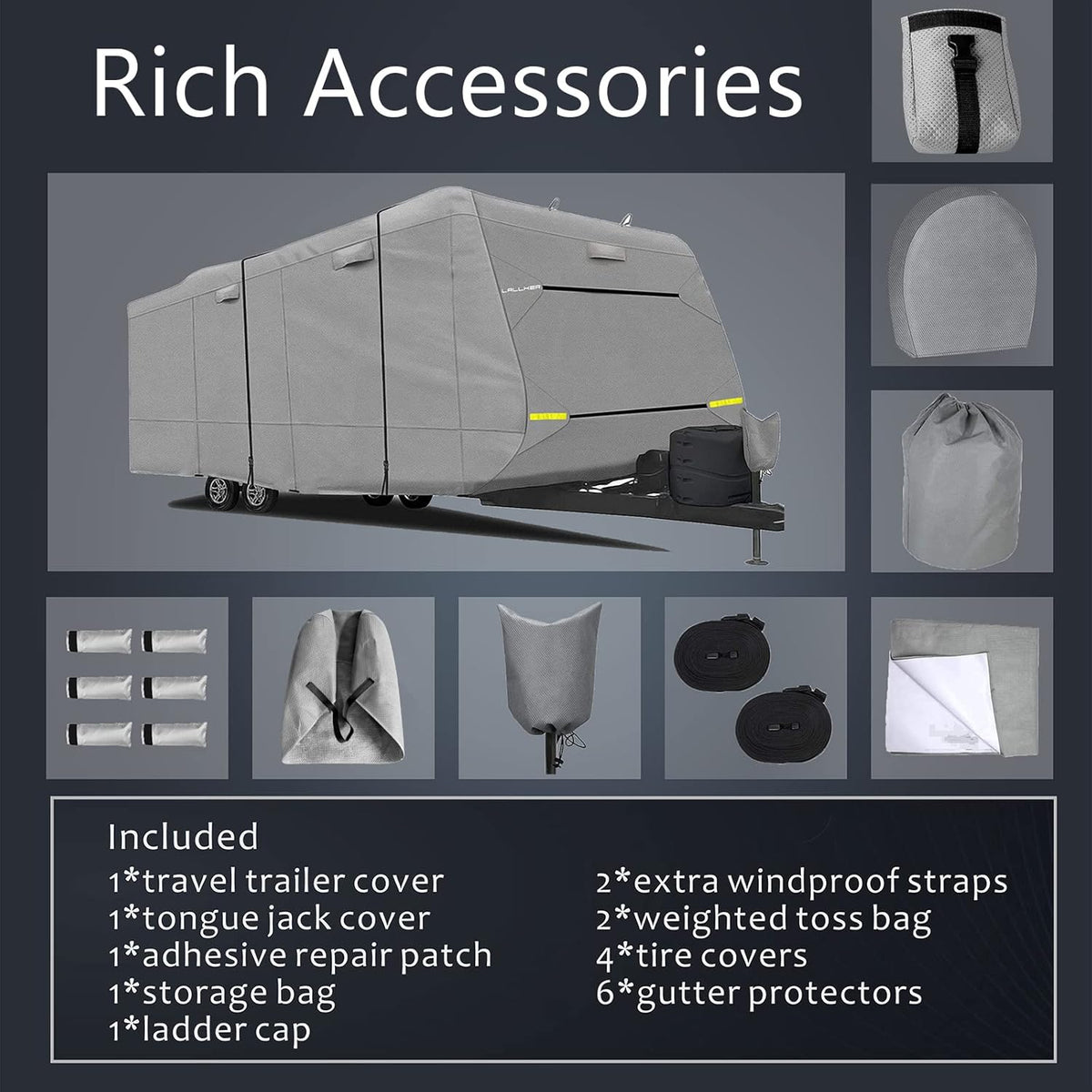 Heavy Duty 6 Layers Windproof Waterproof Camper RV Cover with 4 Tire Covers and 2 Tongue Jack Cover T8118