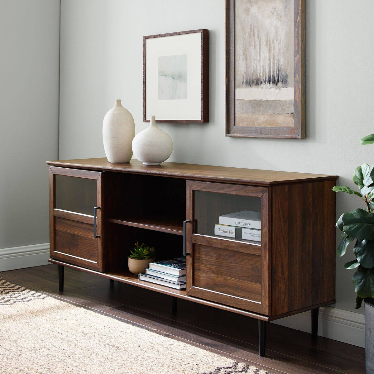 Dark Walnut Glass Wood TV Console J392968