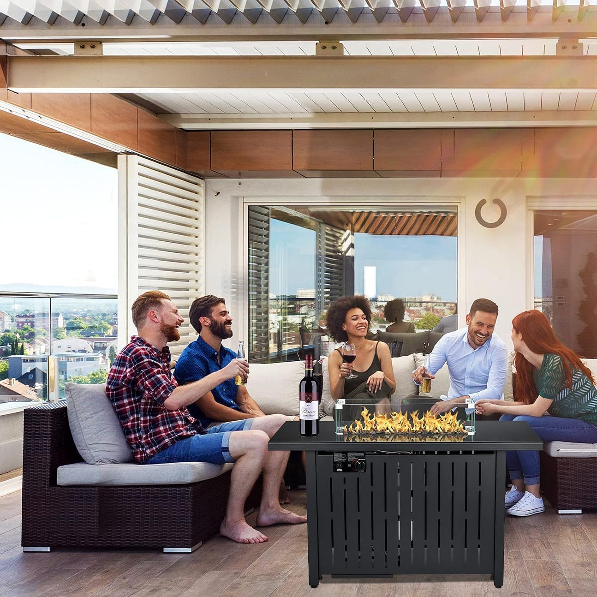 43 Inch 50,000 BTU Auto-Ignition Gas Fire Pit Table with Glass Wind Guard, Lava Stone Z325046