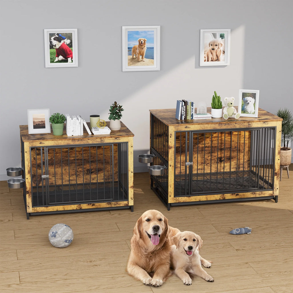 44.1'' Wooden Dog Crate with 2 Stainless Steel Bowls R679