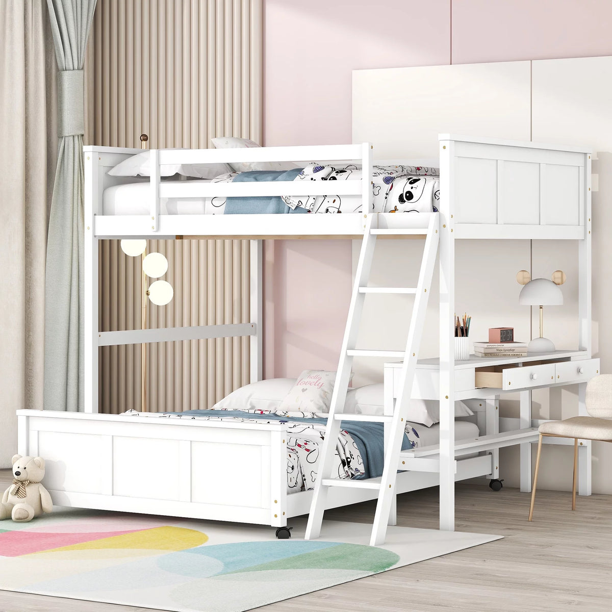 Full Over Full Bunk Bed with Desk, White F860913