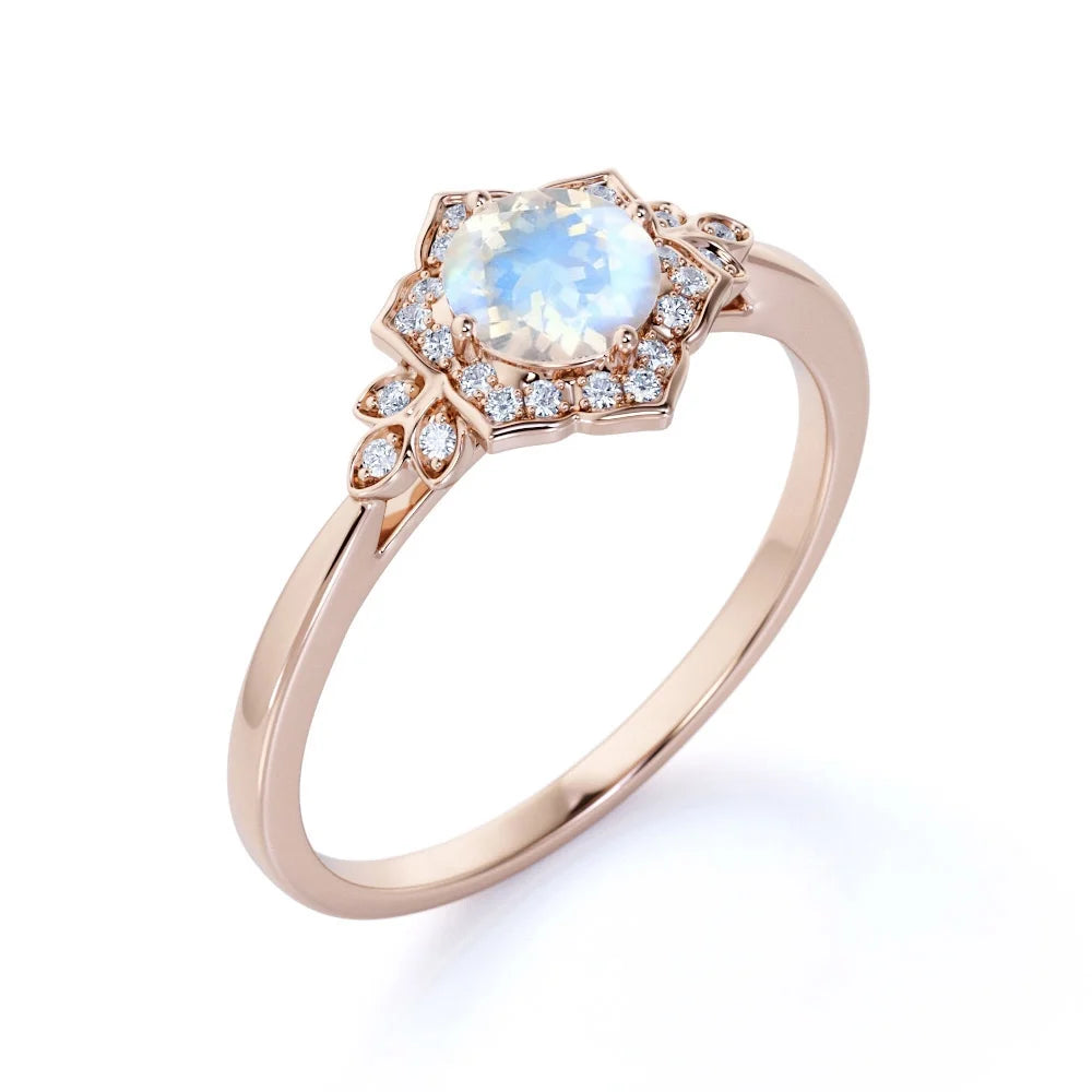 18k Rose Gold over Silver Blue Moonstone and Moissanite Engagement Ring G840