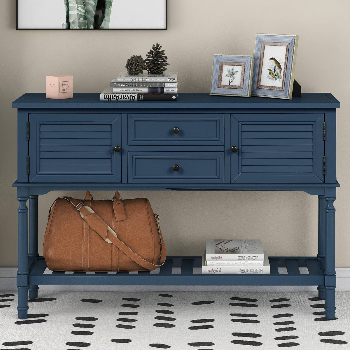 Black Navy Blue Console Table with 2 Drawer Cabinet Shelf V305749