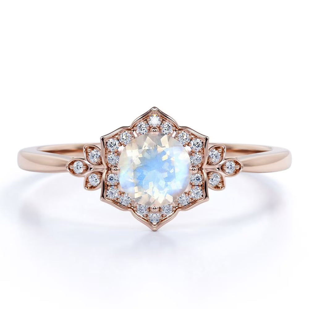 18k Rose Gold over Silver Blue Moonstone and Moissanite Engagement Ring G840