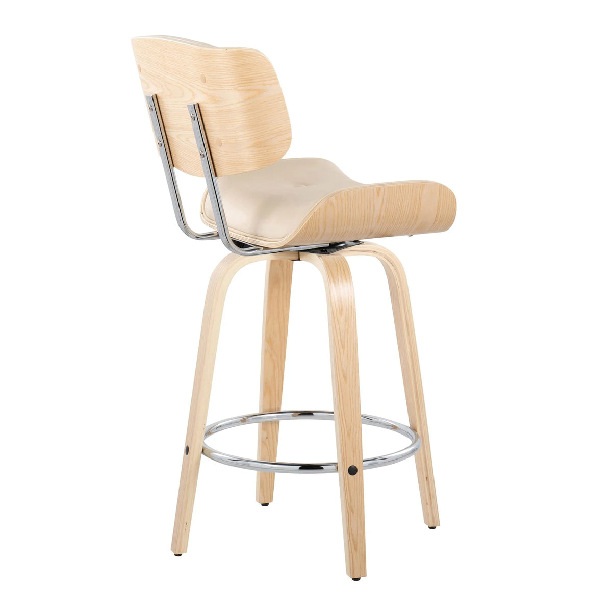26" Mid-Century Modern Counter Stool with Swivel in Natural Wood and Cream Faux Leather with Round Chrome Metal Footrest - Set of 2 N4111