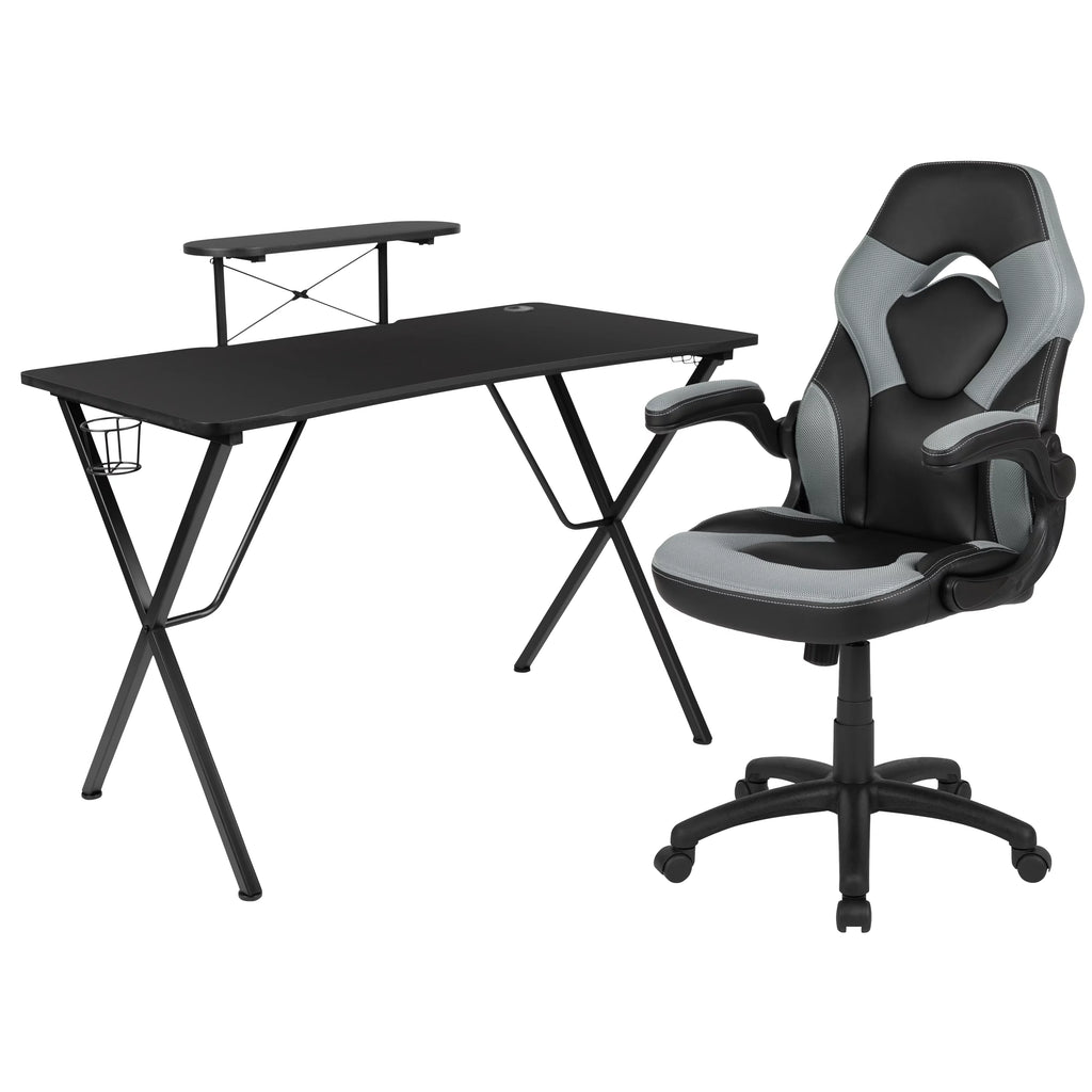 Black Gaming Desk and Gray Black Racing Chair Set with Cup Holder B33709