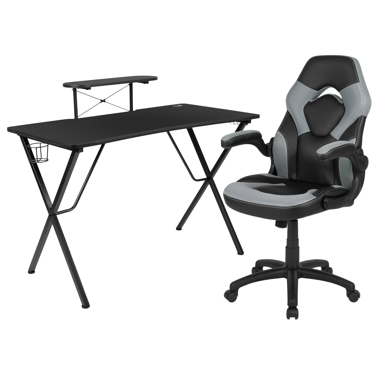 Black Gaming Desk and Gray Black Racing Chair Set with Cup Holder B33709