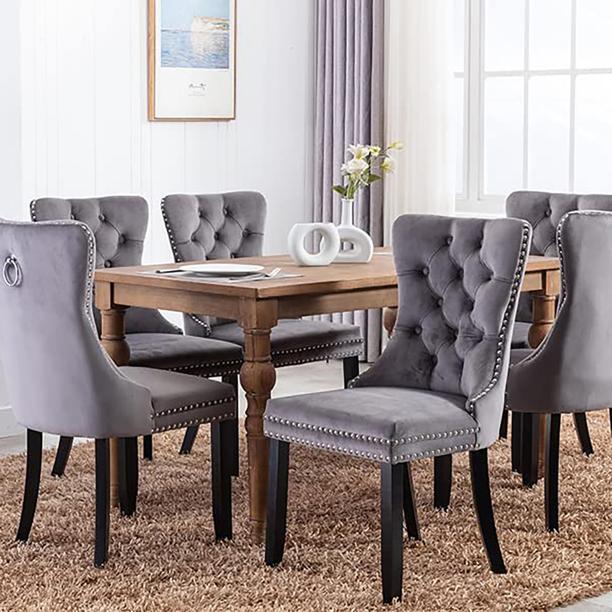 Set of 2 Velvet Upholstered Tufted Dining Chairs with Ring Back and Nailhead Trim Gray B8926
