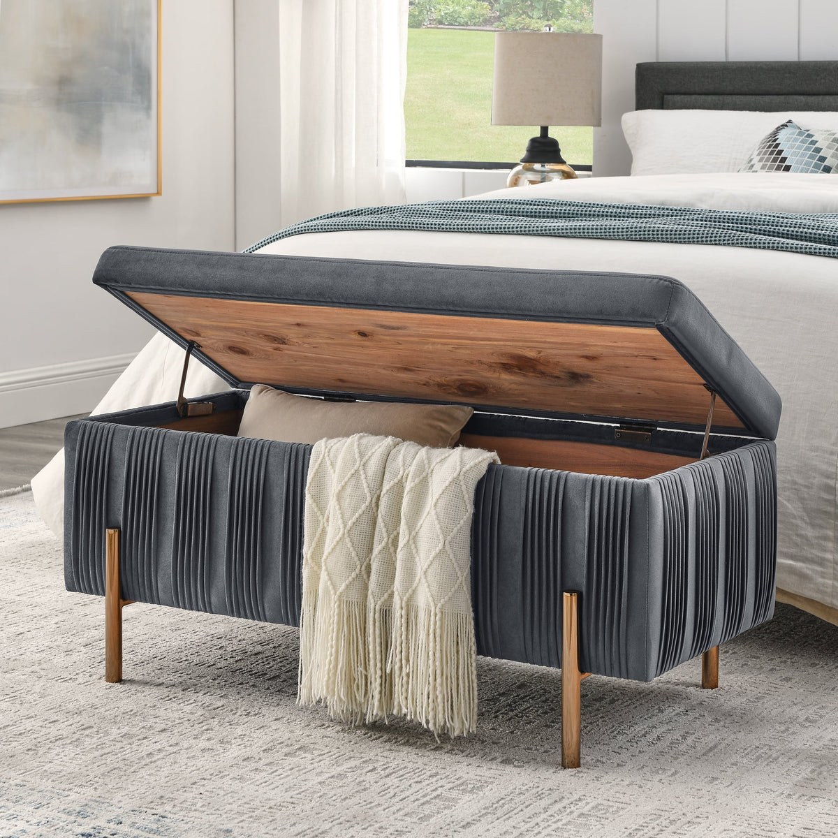 Grey Velvet Storage Bench T70299
