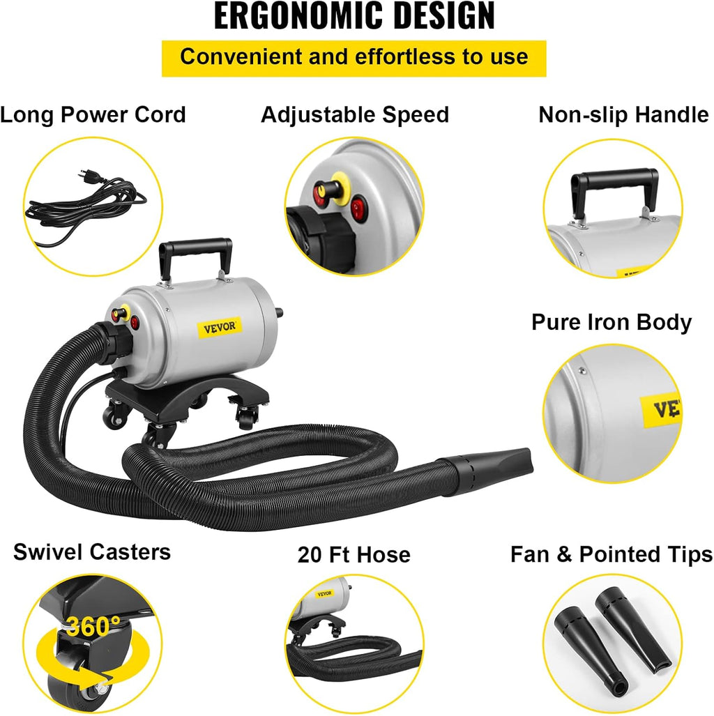 5.0HP 180 CFM 110V Car Air Dryer Blower with Casters, 20 Ft Hose, 2 Nozzles M75008