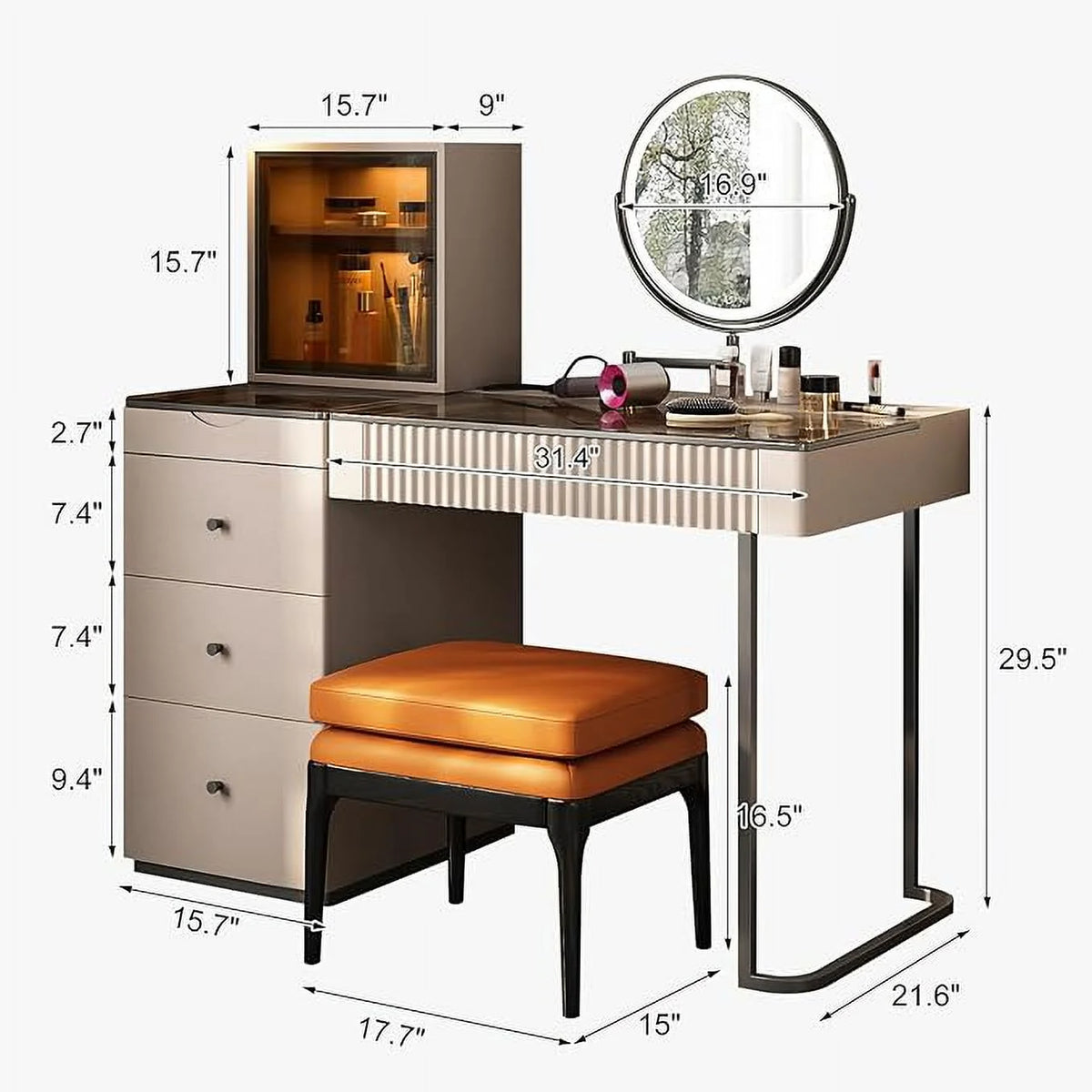 Gold Plated Stainless Steel 5 Drawers Makeup Vanity Table with Stool N257