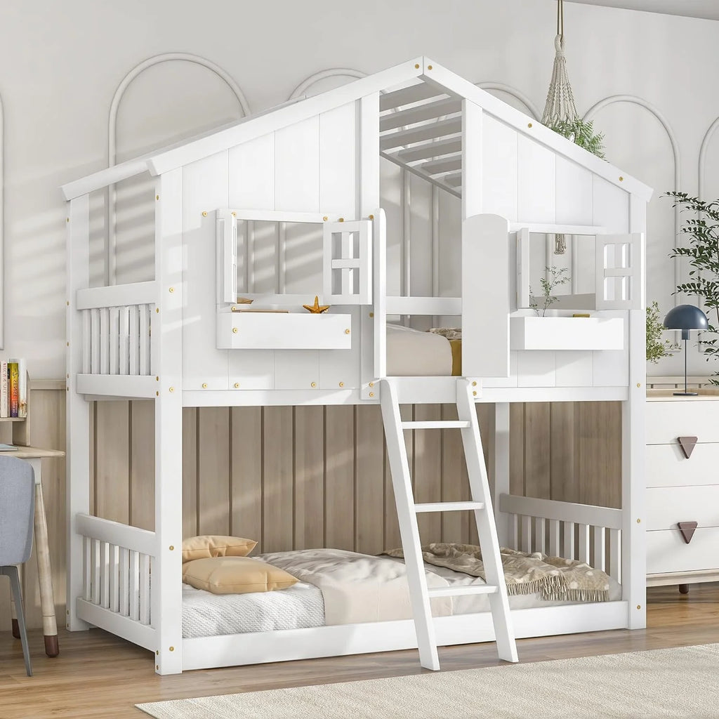 White Wood Bunk Bed with Roof and Window Y859268