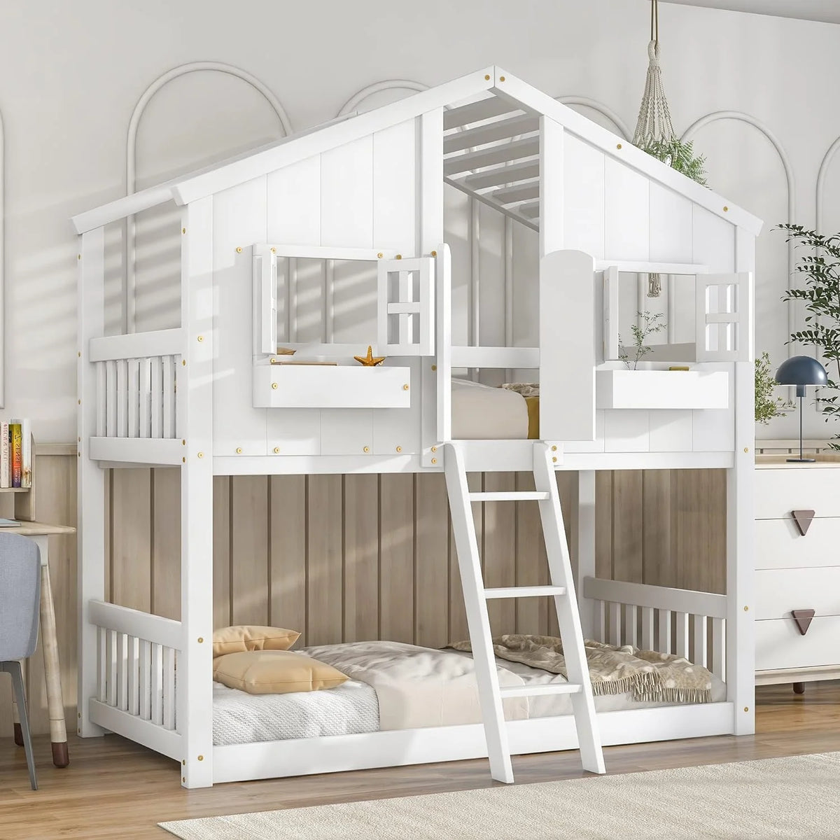 White Wood Bunk Bed with Roof and Window Y859268