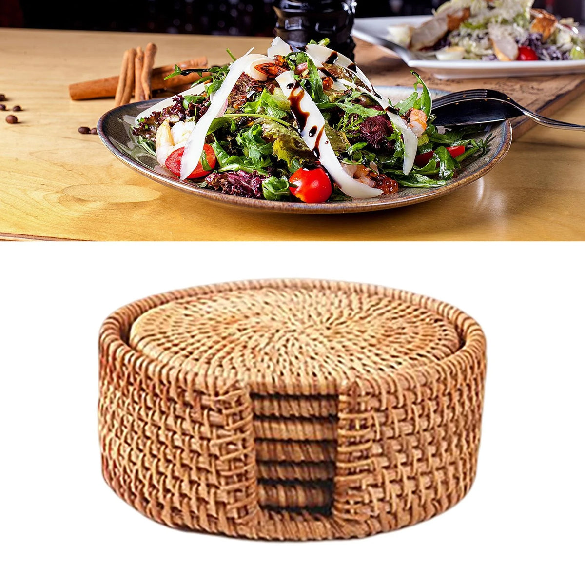 6x Round Rattan Coasters with Holder L458
