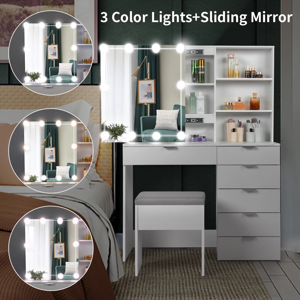 White Makeup Vanity Table Set with Sliding Mirror O2737