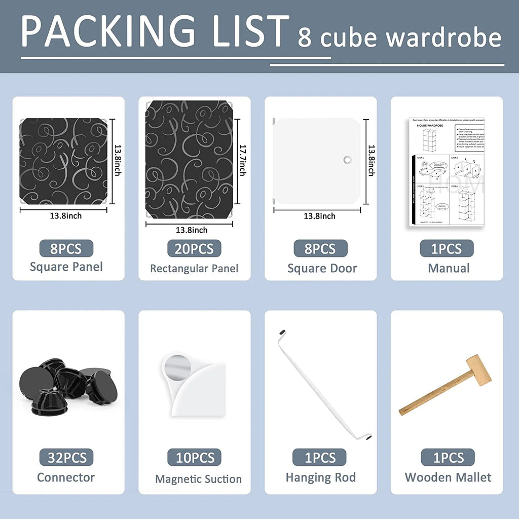Portable Closet Wardrobe 4 Tiers 8 Doors Black Q45358