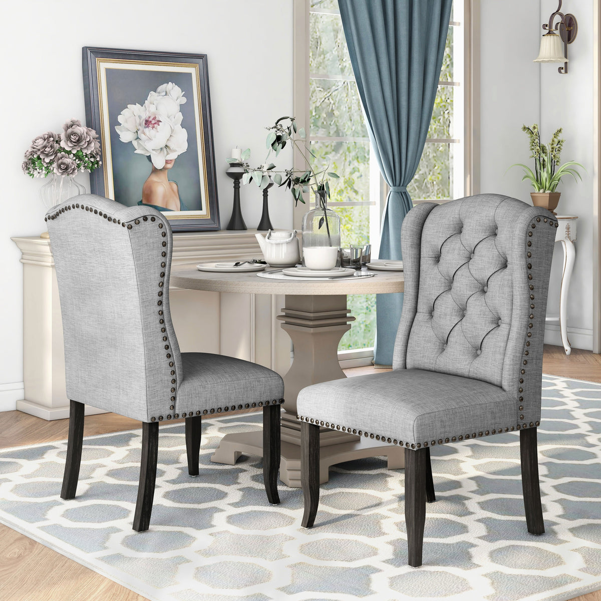Beige Tufted Linen Wingback Dining Chairs Set of 2 A6753