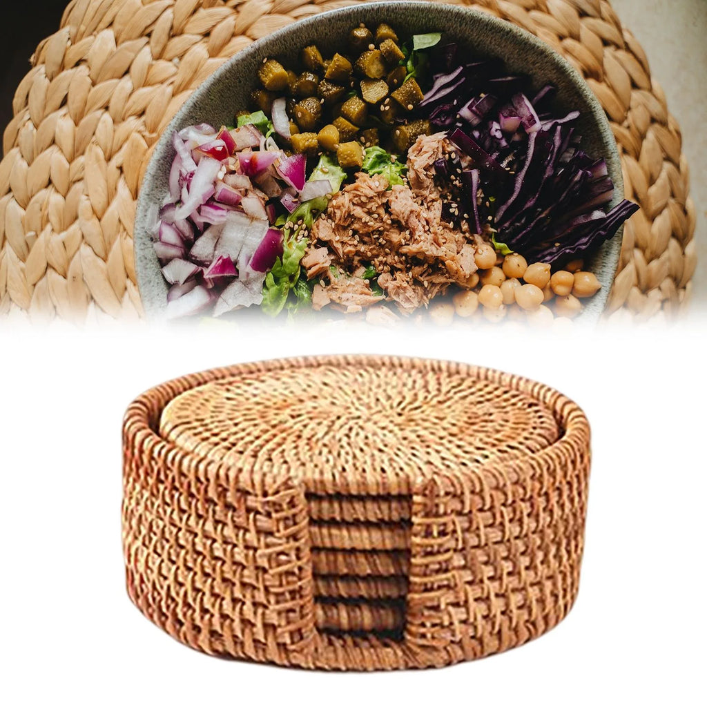 6x Round Rattan Coasters with Holder L458