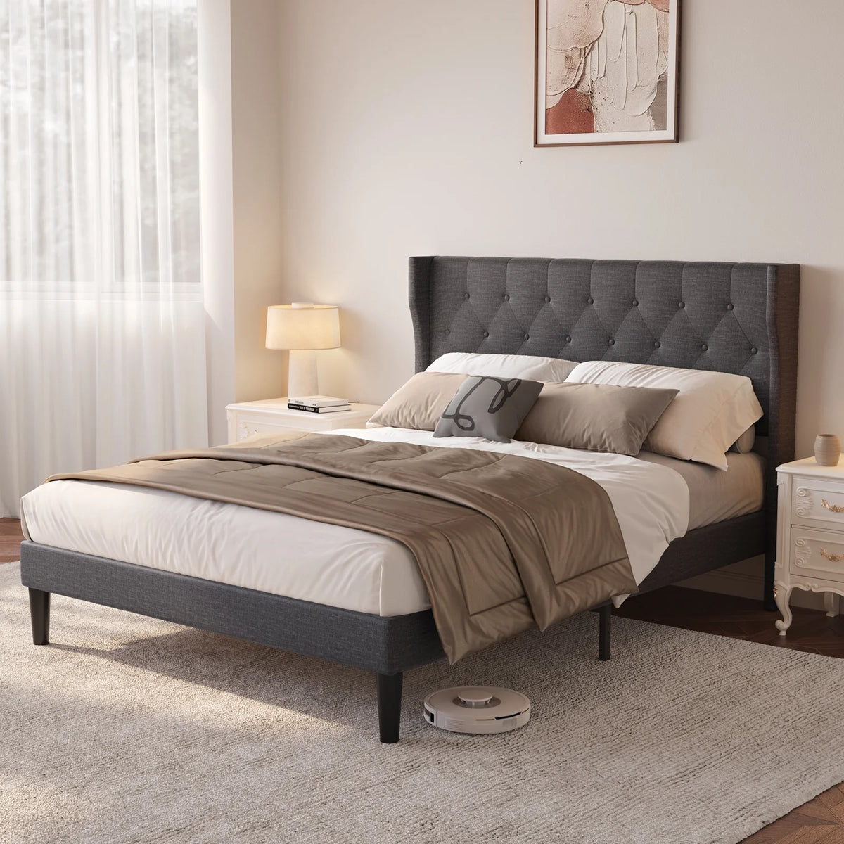 Full Size Dark Gray Bed Frame with Button Tufted Headboard M61723