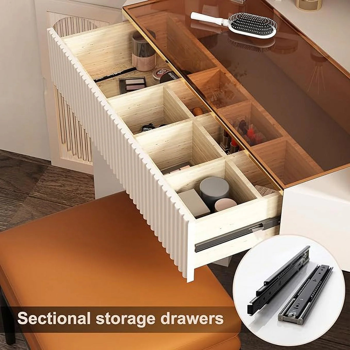 Gold Plated Stainless Steel 5 Drawers Makeup Vanity Table with Stool N257